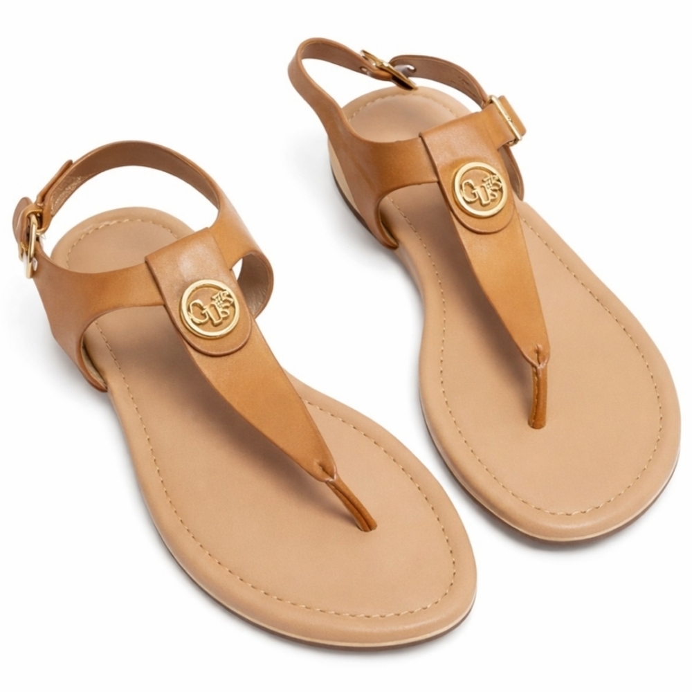 GUESS Tan Thong Slingback Sandals Gold Logo Medallion Size 6 NWT